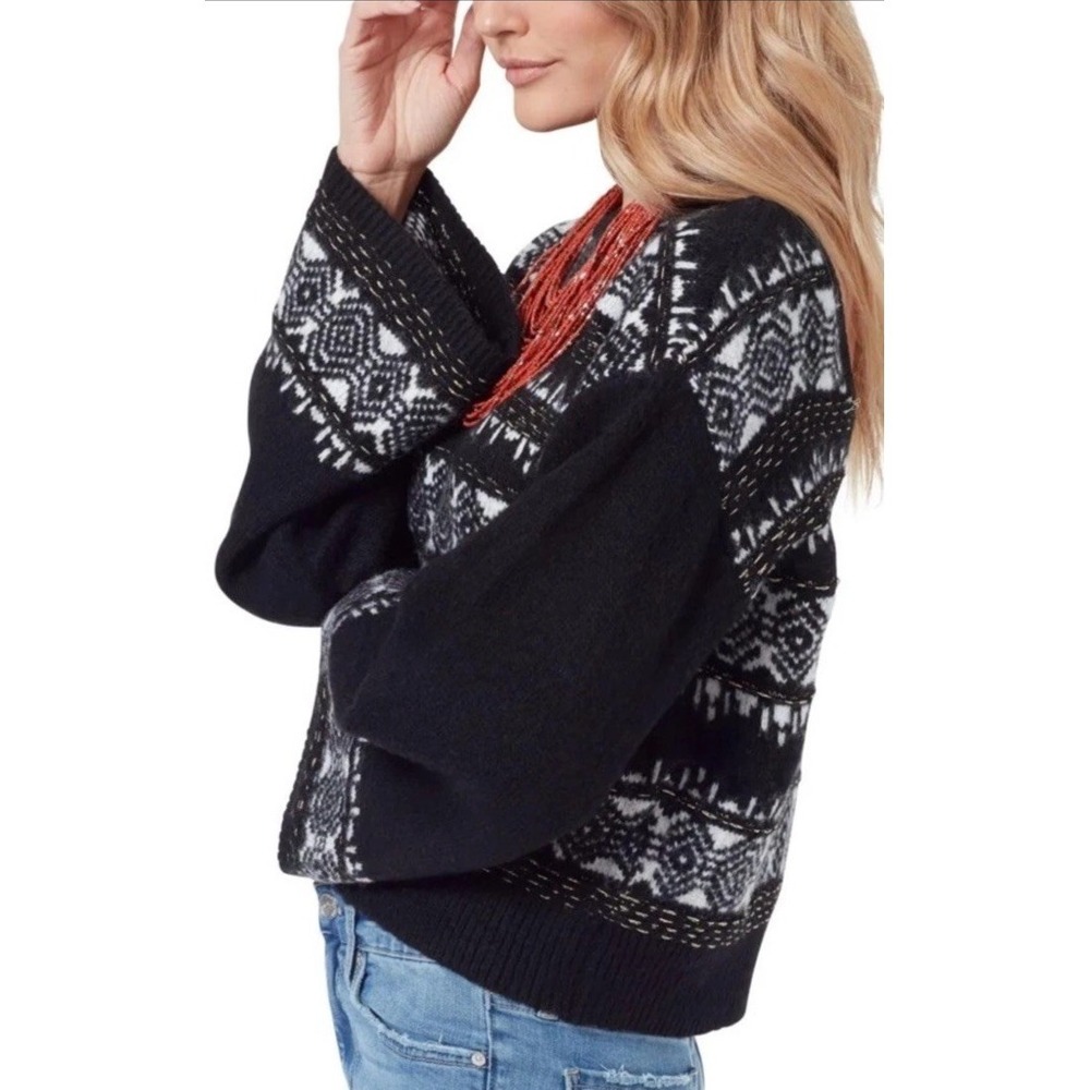 Sam Edelman Womens Black Fair Isle Metallic Pullover Sweater Top XS NWT